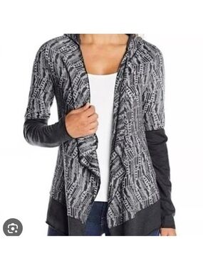 Prana Gray Patterned Open-Front Hooded Cardigan